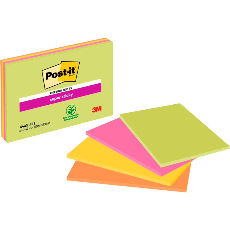 Post-it® Super Sticky Meeting Notes Haftnotizen extrastark 6445-4SS farbsortiert, 4 Blöcke