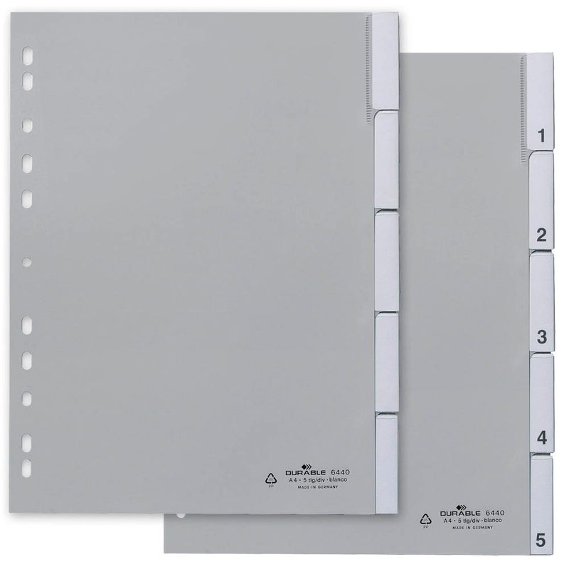 DURABLE Ordnerregister Vollformat 1-5 grau 5-teilig mit Wechseltaben, 1 Satz