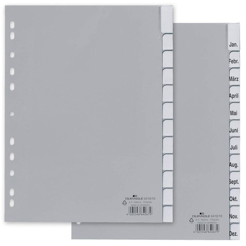 DURABLE Ordnerregister Vollformat Jan.-Dez. grau 12-teilig mit Wechseltaben, 1 Satz