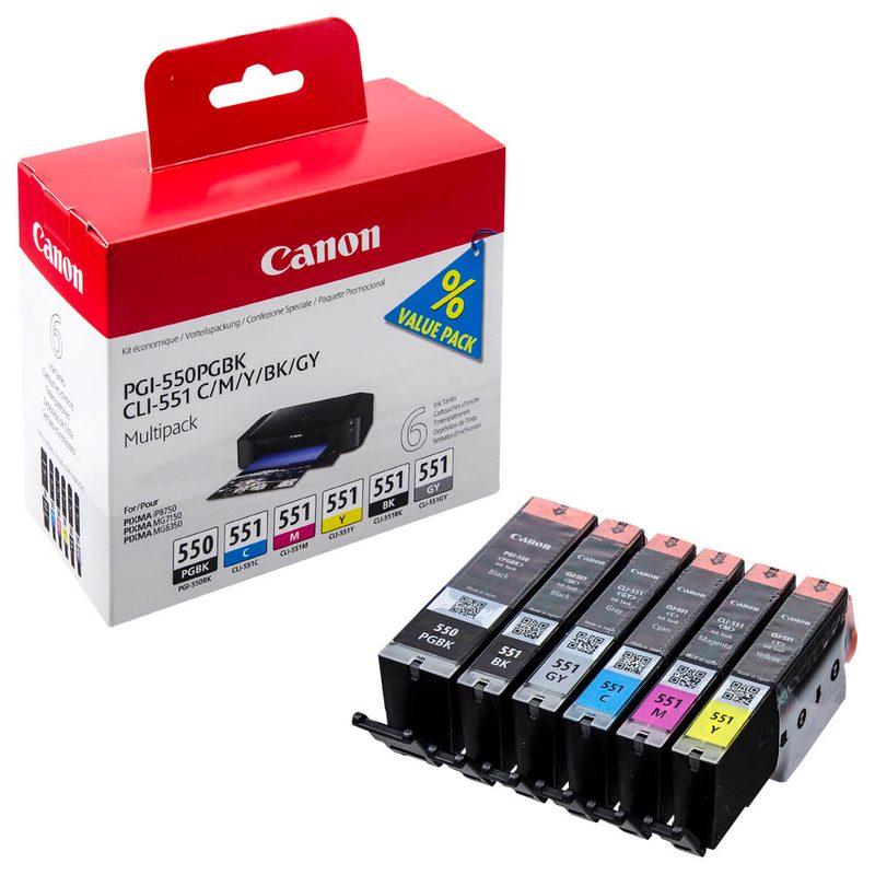 Canon PGI-550 PGBK + CLI-551 BK/C/M/Y/GY  2x schwarz, cyan, magenta, gelb, grau Druckerpatronen, 6er-Set