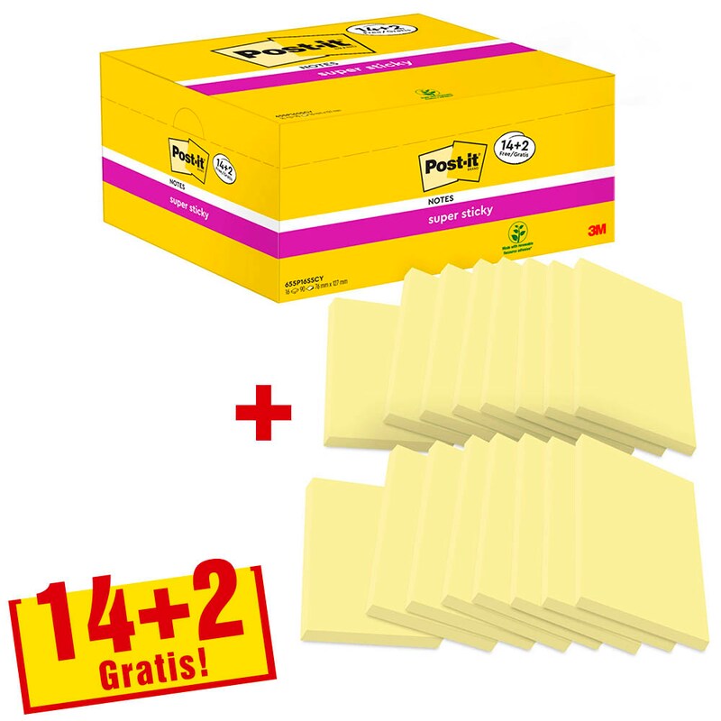 14 + 2 GRATIS: Post-it® Super Sticky Notes Haftnotizen extrastark gelb, 14 Blöcke + GRATIS 2 Blöcke