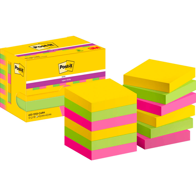 Post-it® Carnival Haftnotizen extrastark 654MTDR farbsortiert, 12 Blöcke
