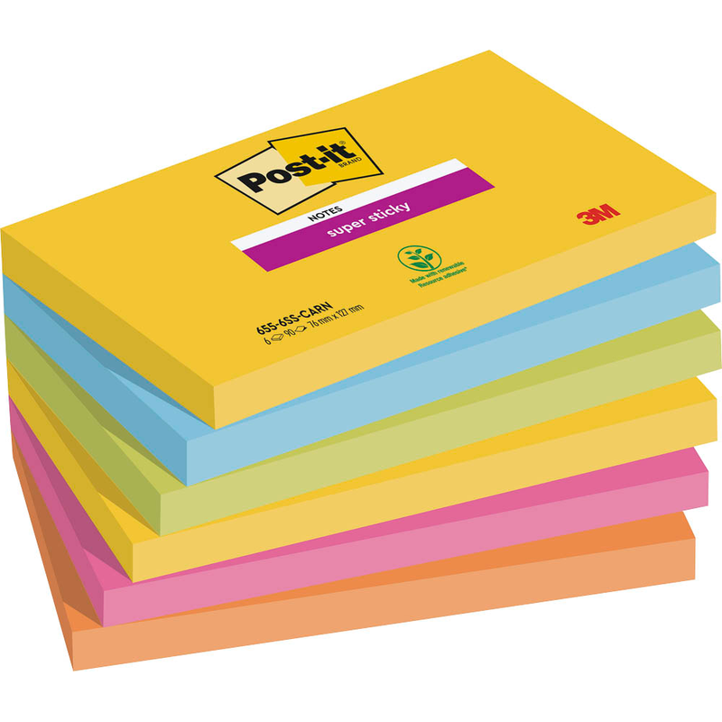 Post-it® Super Sticky Notes Carnival Haftnotizen extrastark 6556SR farbsortiert, 6 Blöcke
