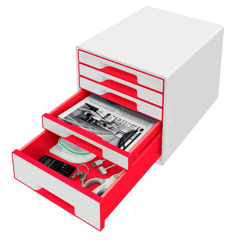 LEITZ Schubladenbox WOW Cube  perlweiß/rot 52142026, DIN A4 mit 5 Schubladen
