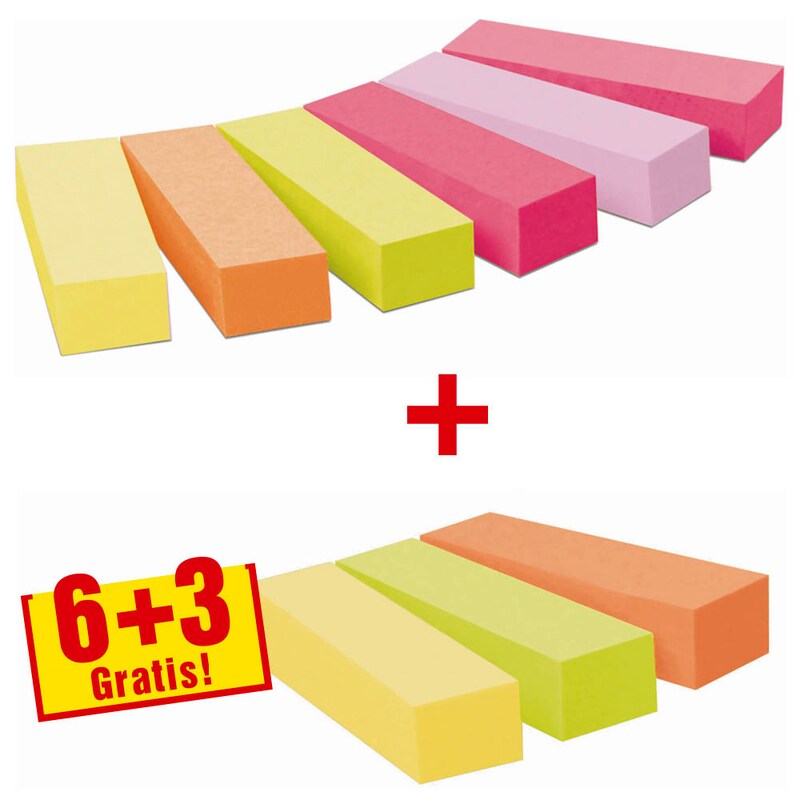 6 + 3 GRATIS: Post-it® Page Marker neon Haftmarker farbsortiert 6x 100 Streifen + GRATIS 3x 100 Streifen