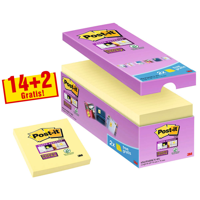 14 + 2 GRATIS: Post-it® Haftnotizen extrastark 654 gelb, 14 Blöcke + GRATIS 2 Blöcke