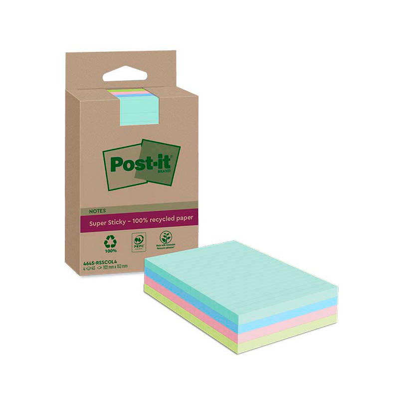 Post-it® Super Sticky Recycling Notes Haftnotizen extrastark farbsortiert, 4 Blöcke