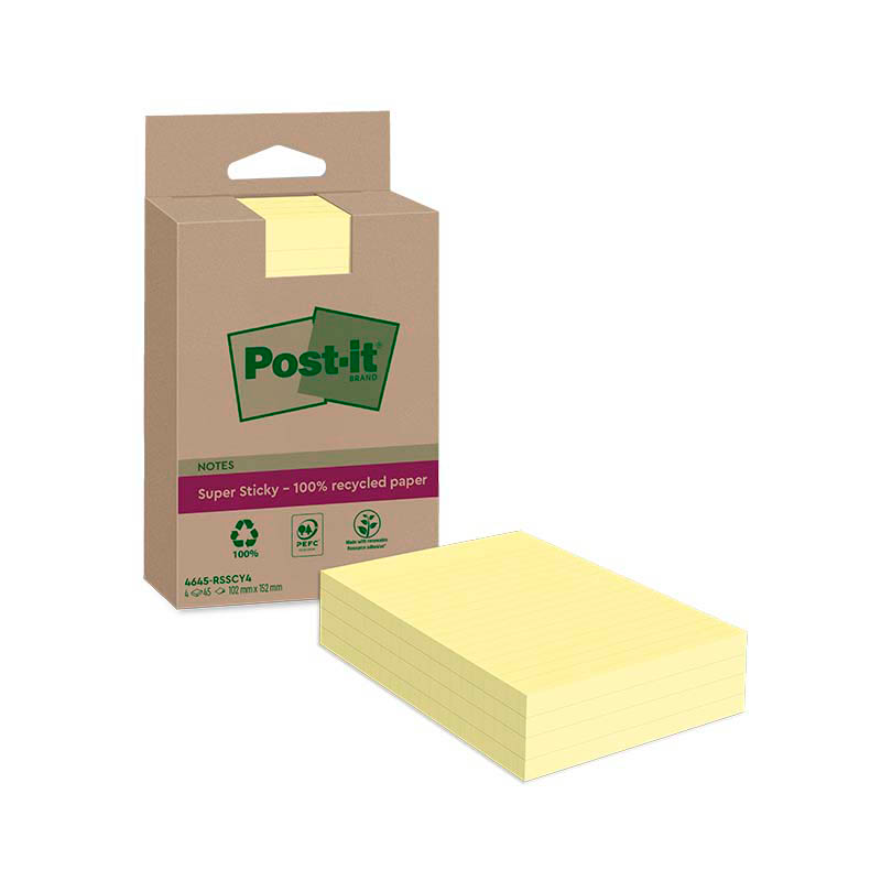 Post-it® Super Sticky Recycling Notes Haftnotizen extrastark gelb, 4 Blöcke