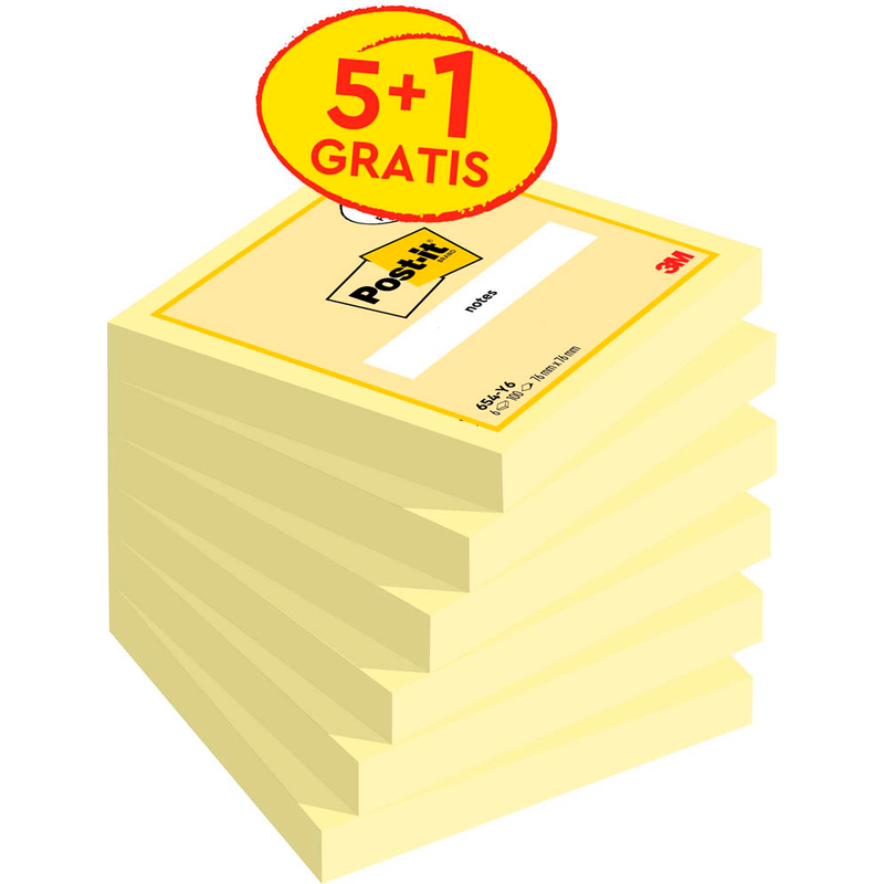5 + 1 GRATIS: Post-it® Notes 654 Haftnotizen gelb, 5 Blöcke + GRATIS 1 Blöcke