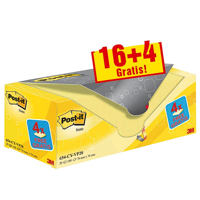 16 + 4 GRATIS: Post-it® Notes Haftnotizen gelb, 16 Blöcke + GRATIS 4 Blöcke