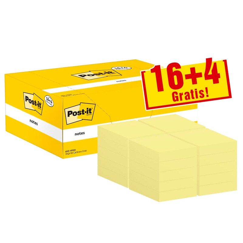 16 + 4 GRATIS: Post-it® Notes Haftnotizen gelb, 16 Blöcke + GRATIS 4 Blöcke