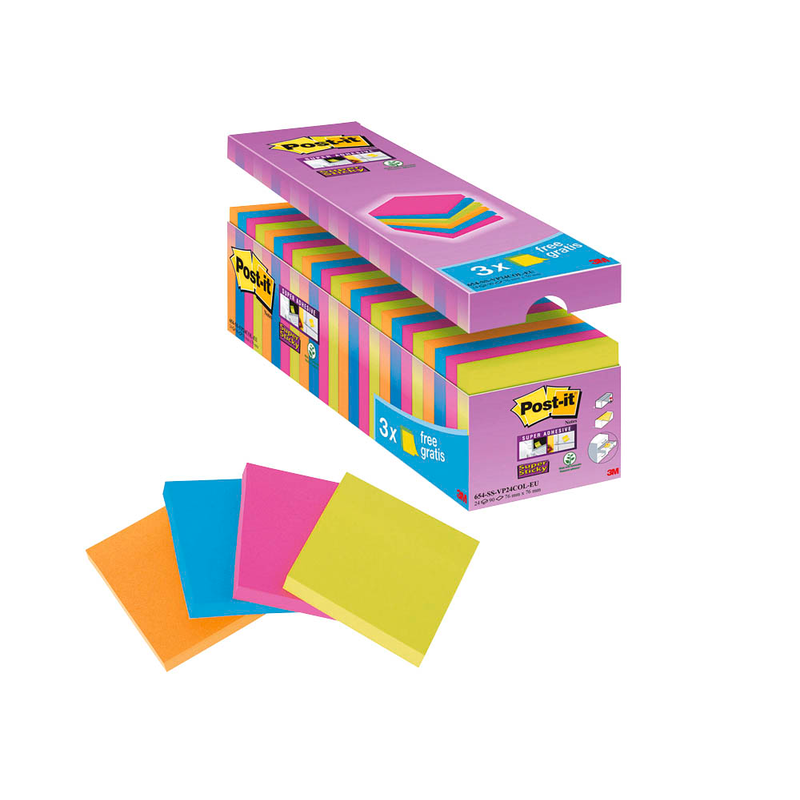 21 + 3 GRATIS: Post-it® Super Sticky Notes Haftnotizen farbsortiert, 21 Blöcke + GRATIS 3 Blöcke