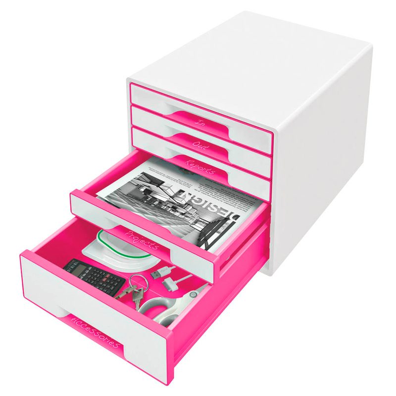 LEITZ Schubladenbox WOW Cube  perlweiß/pink 52142023, DIN A4 mit 5 Schubladen
