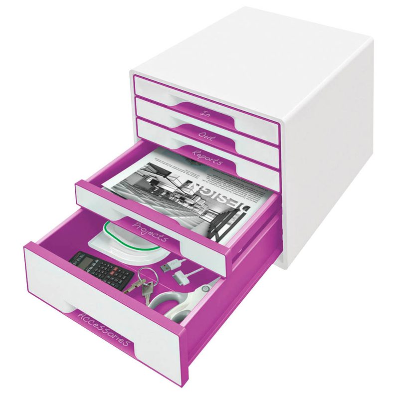 LEITZ Schubladenbox WOW Cube  perlweiß/violett 52142062, DIN A4 mit 5 Schubladen