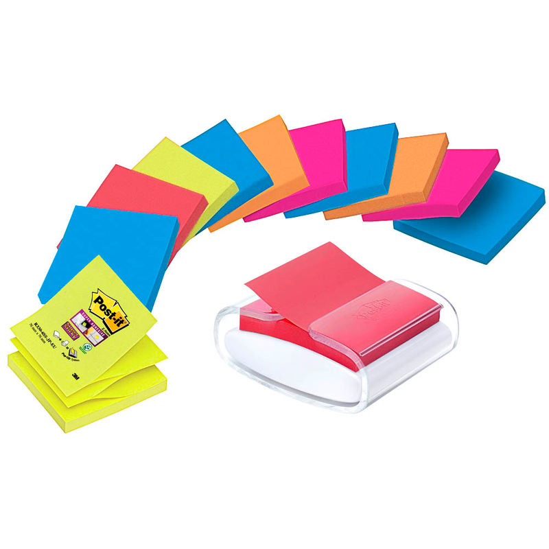 AKTION: Post-it® Super Sticky Z-Notes Bora Bora + Bangkok-Collection Haftnotizen-Set extrastark farbsortiert, 12 Blöcke + GRATIS Spender