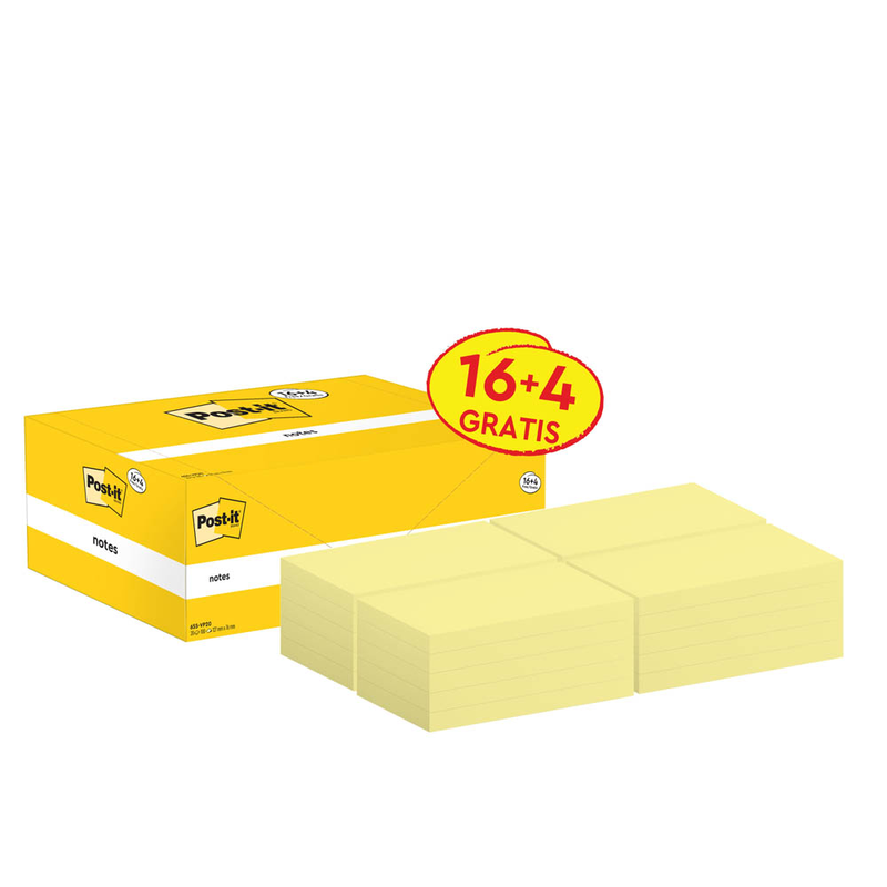 16 + 4 GRATIS: Post-it® Notes 655 Haftnotizen gelb, 16 Blöcke + GRATIS 4 Blöcke
