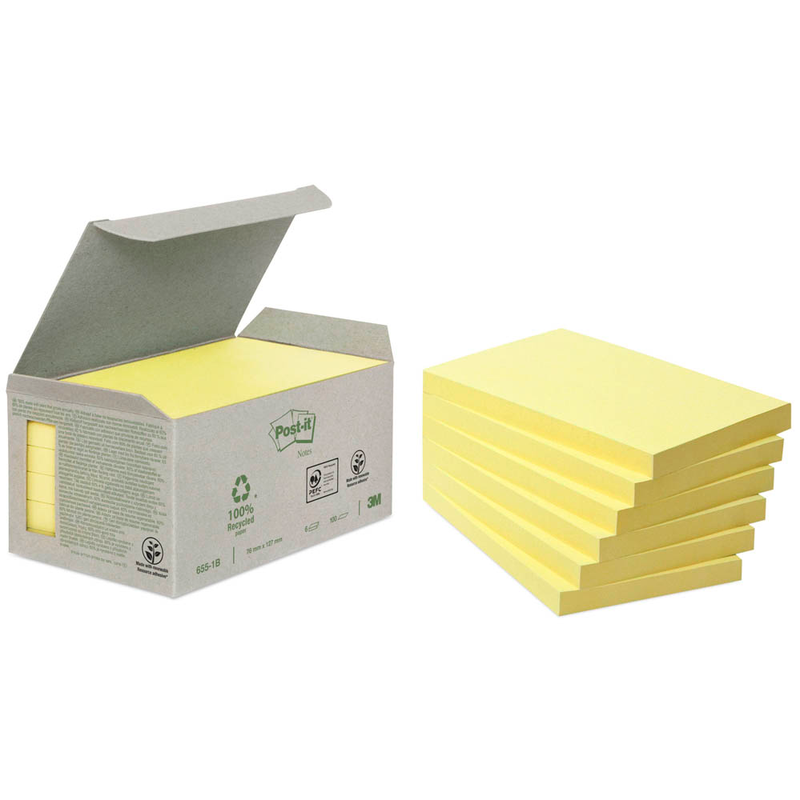 Post-it® Recycling Notes 654 Haftnotizen gelb, 6 Blöcke