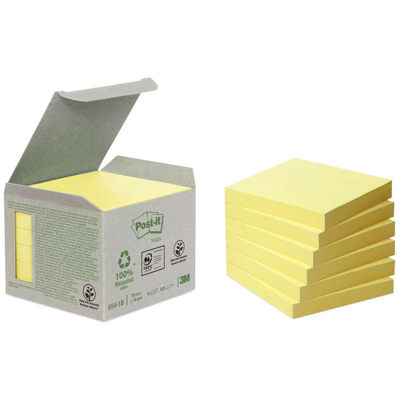 Post-it® Recycling Notes 654 Haftnotizen gelb, 6 Blöcke