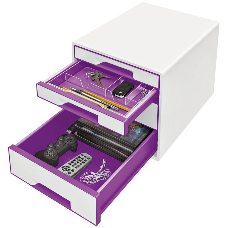 LEITZ Schubladenbox WOW CUBE  perlweiß/violett 5213-20-62, DIN A4 mit 4 Schubladen