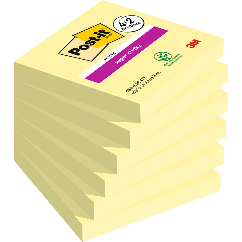 4 + 2 GRATIS: Post-it® Super Sticky Notes Haftnotizen extrastark gelb, 4 Blöcke + GRATIS 2 Blöcke