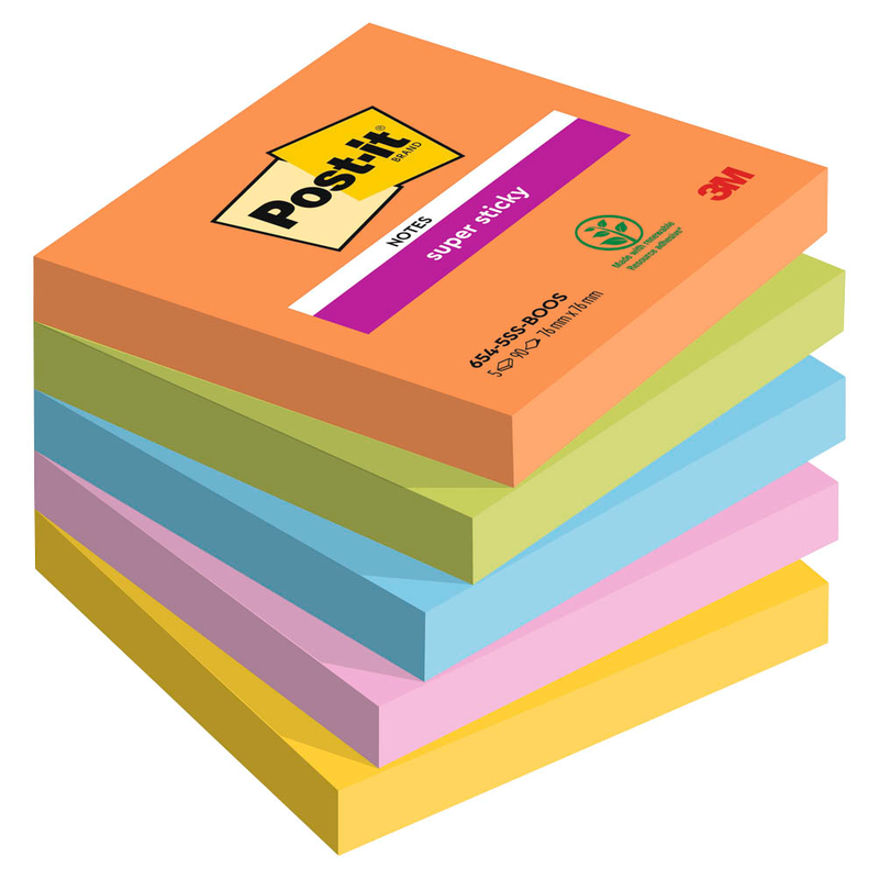 Post-it® Boost Haftnotizen extrastark farbsortiert, 5 Blöcke