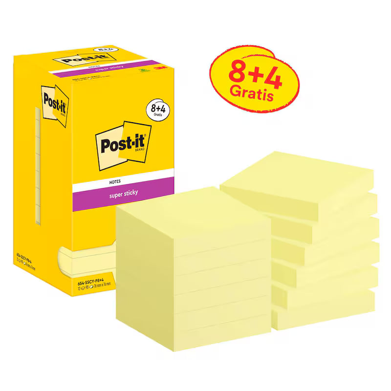 8 + 4 GRATIS: Post-it® Super Sticky Haftnotizen extrastark gelb, 8 Blöcke + GRATIS 4 Blöcke