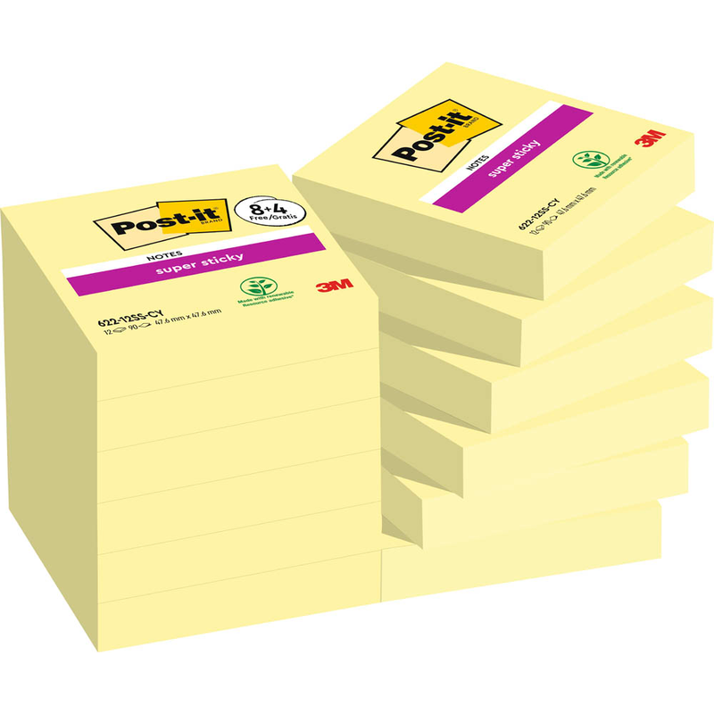 8 + 4 GRATIS: Post-it® Super Sticky Notes Haftnotizen extrastark gelb, 8 Blöcke + GRATIS 4 Blöcke