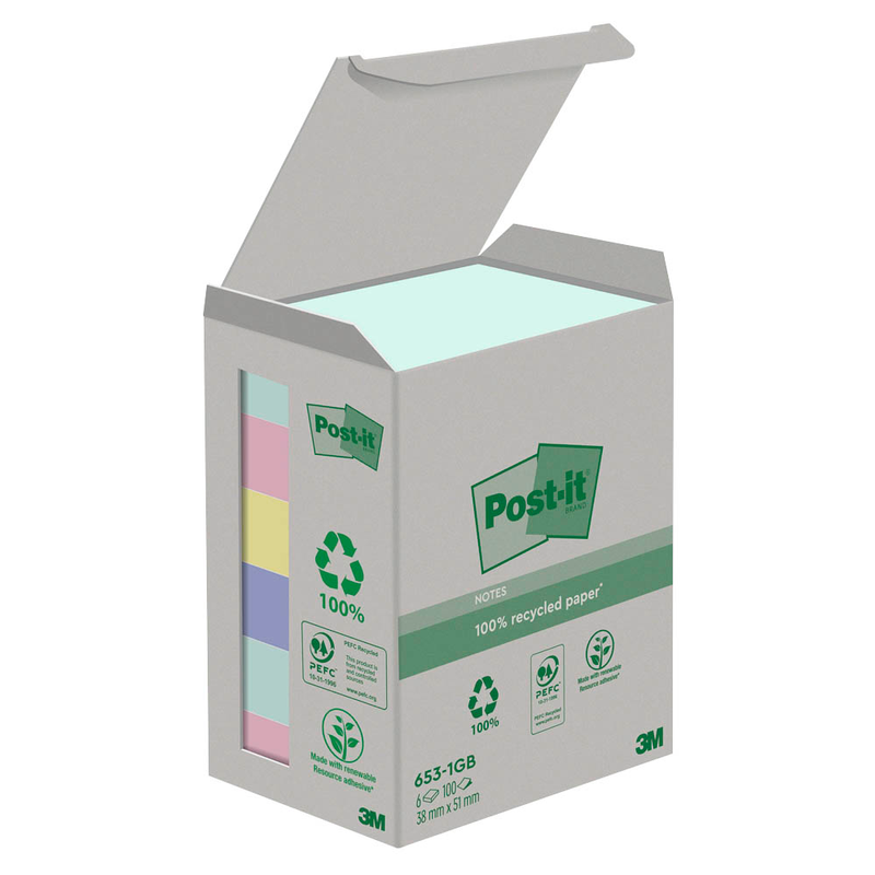 Post-it® Recycling Notes Rainbow Haftnotizen farbsortiert, 6 Blöcke
