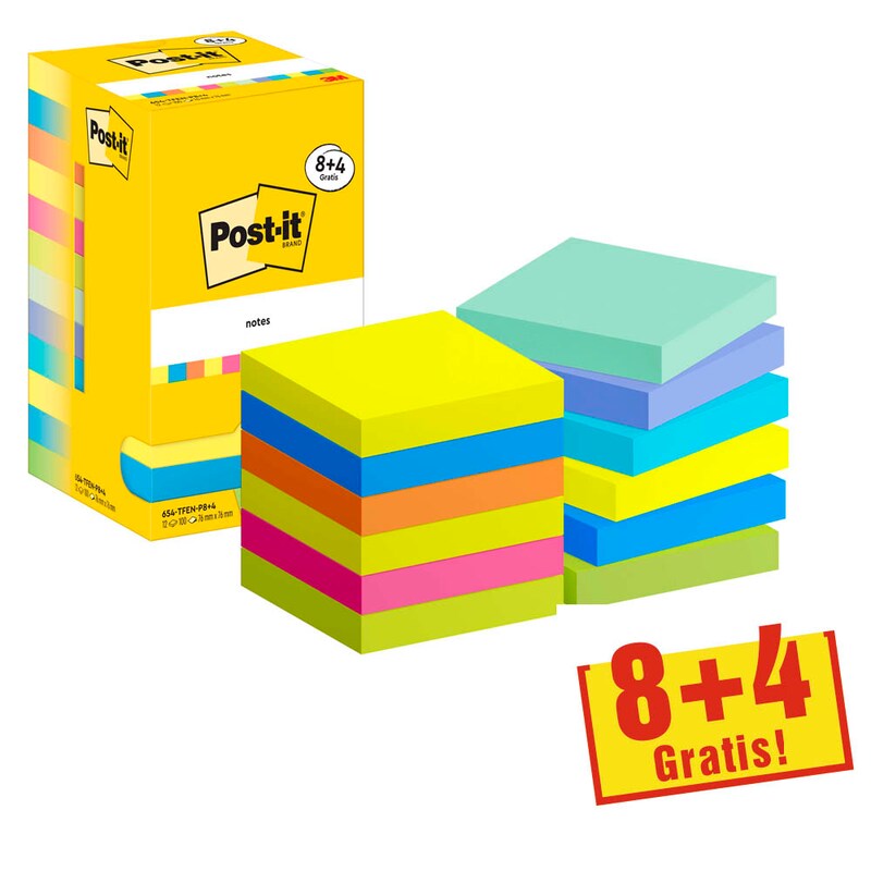 8 + 4 GRATIS: Post-it® Energetic Haftnotizen farbsortiert, 8 Blöcke + GRATIS 4 Blöcke