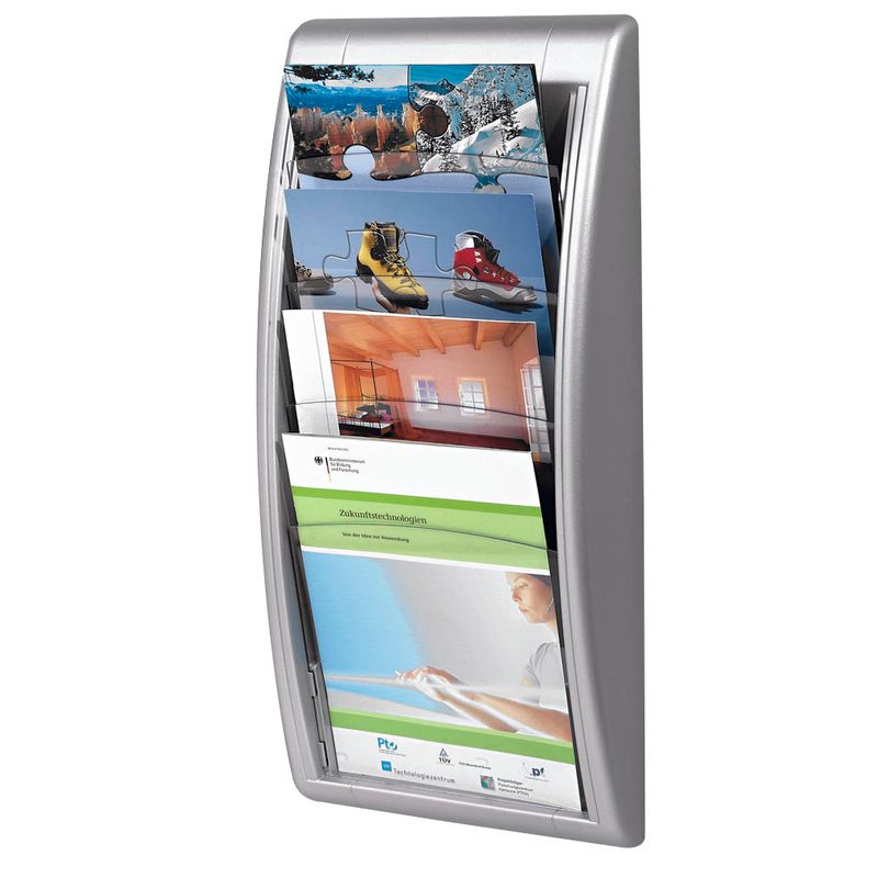PAPERFLOW Wandprospekthalter Kompakt silber DIN A4 hoch 4 Fächer