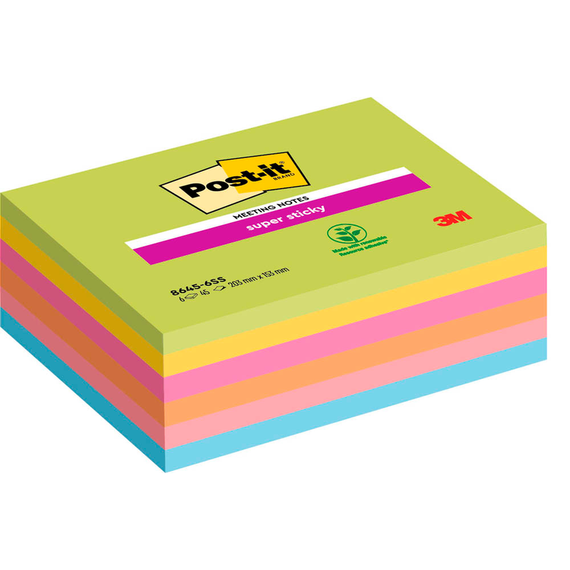 Post-it® Super Sticky Meeting Notes Haftnotizen extrastark farbsortiert, 6 Blöcke
