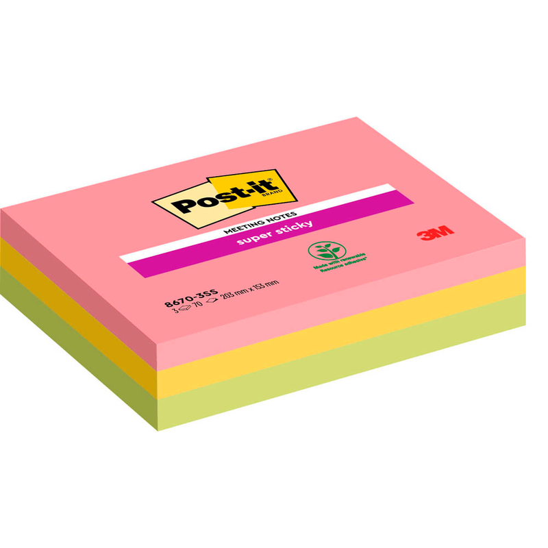 Post-it® Super Sticky Meeting Notes Haftnotizen extrastark farbsortiert, 3 Blöcke