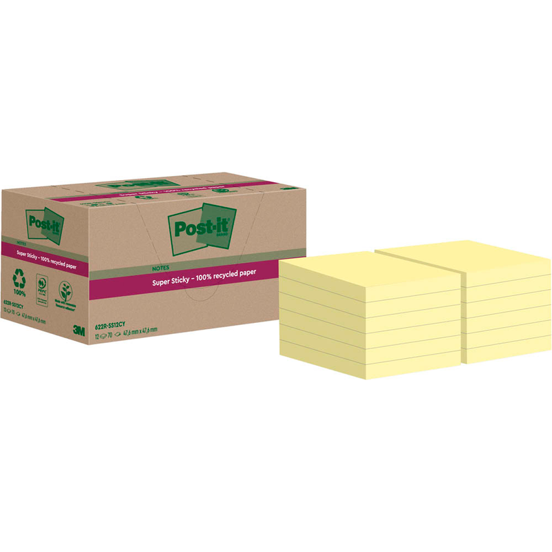 Post-it® Super Sticky Recycling Notes Haftnotizen extrastark gelb, 12 Blöcke