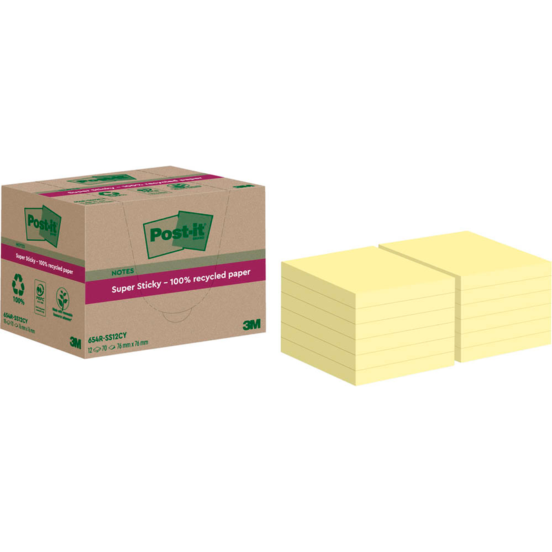 Post-it® Super Sticky Recycling Notes Haftnotizen extrastark gelb, 12 Blöcke