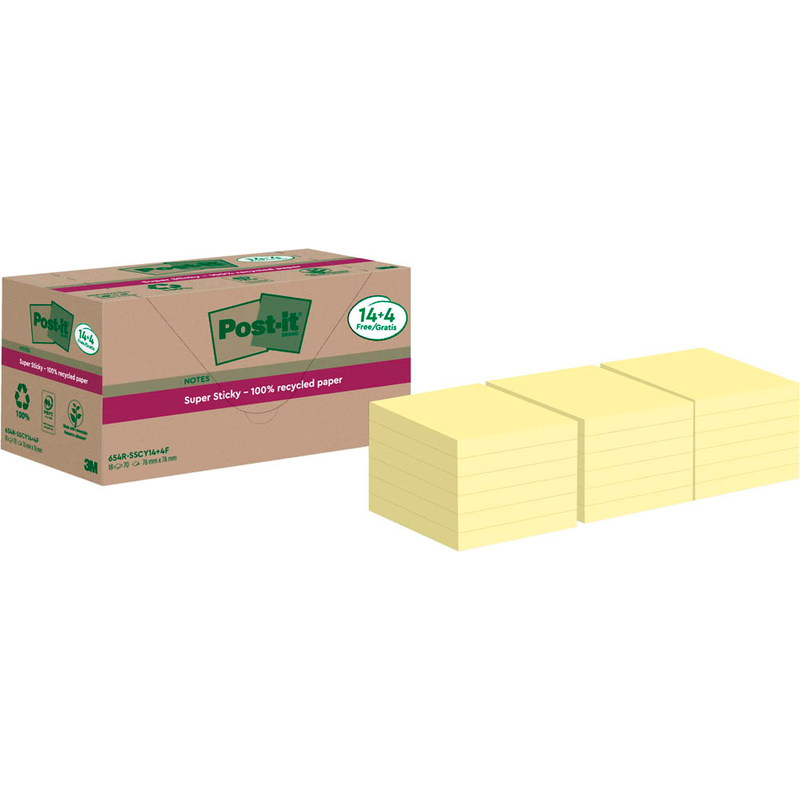 Post-it® Super Sticky Recycling Notes Haftnotizen extrastark gelb, 18 Blöcke