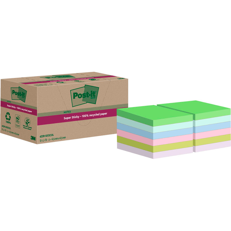 Post-it® Super Sticky Recycling Notes Haftnotizen extrastark farbsortiert, 12 Blöcke
