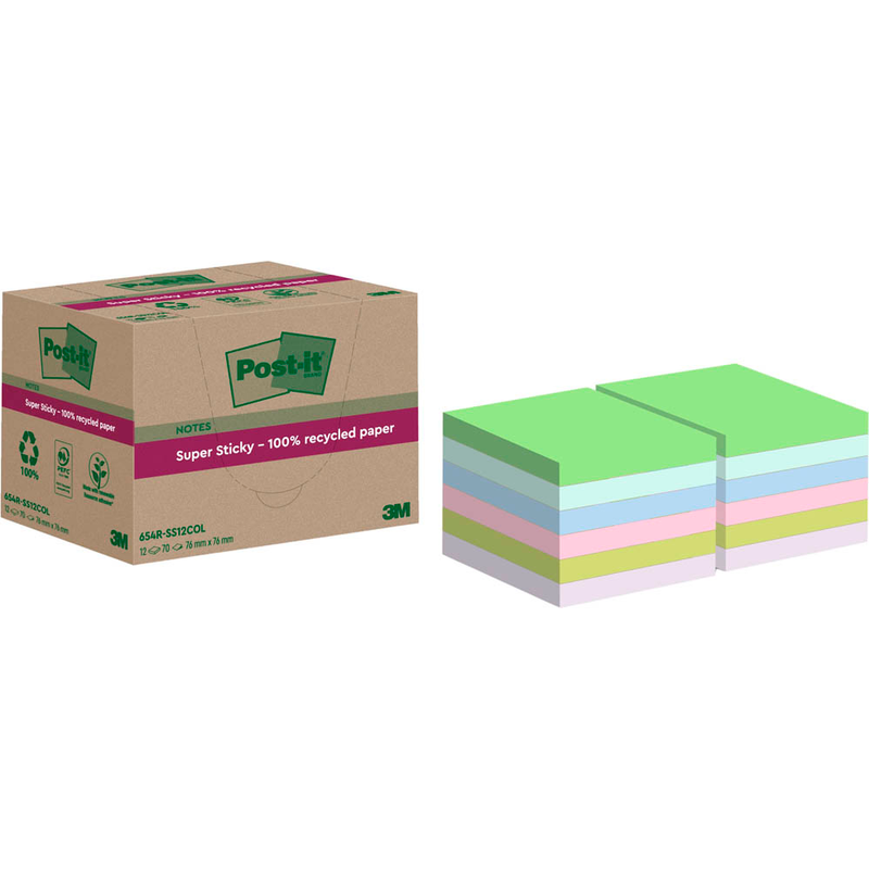 Post-it® Super Sticky Recycling Notes Haftnotizen extrastark farbsortiert, 12 Blöcke
