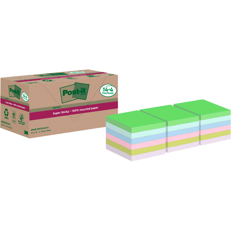 Post-it® Super Sticky Recycling Notes Haftnotizen extrastark farbsortiert, 18 Blöcke