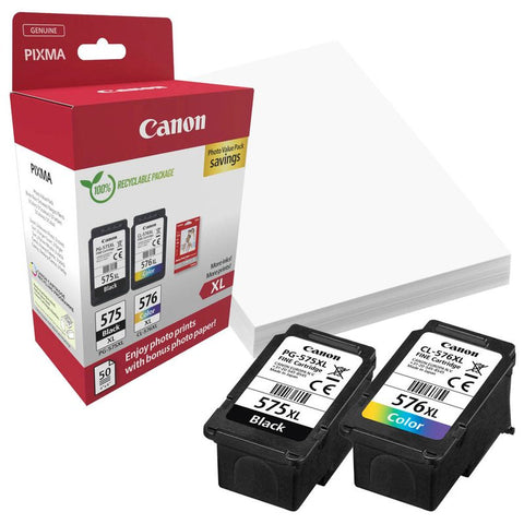Canon PG-575XL/CL-576XL  schwarz, color Druckköpfe + Fotopapier, 2er-Set