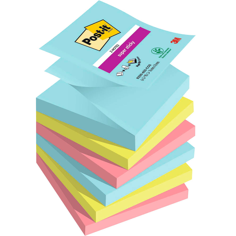 Post-it® Super Sticky Z-Notes Miami Haftnotizen extrastark farbsortiert, 6 Blöcke