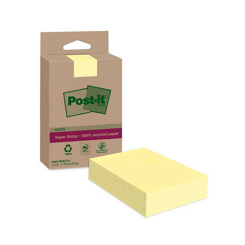 Post-it® Super Sticky Recycling Notes Haftnotizen extrastark gelb, 4 Blöcke