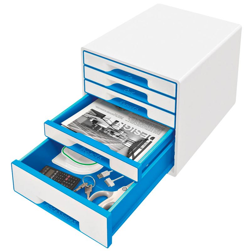 LEITZ Schubladenbox WOW Cube  perlweiß/blau 52142036, DIN A4 mit 5 Schubladen