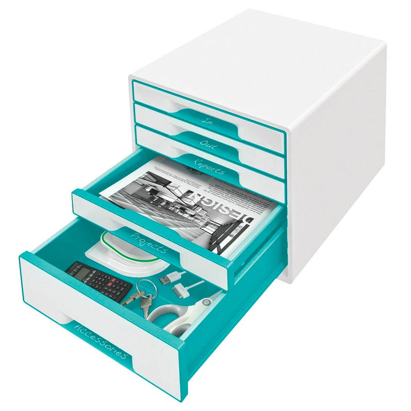 LEITZ Schubladenbox WOW Cube  perlweiß/eisblau 52142051, DIN A4 mit 5 Schubladen