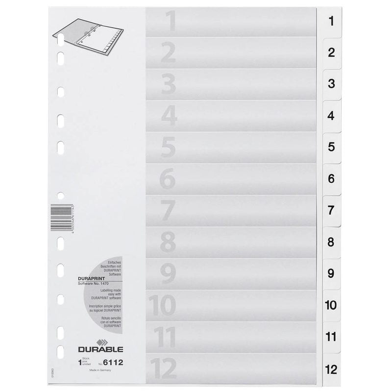 DURABLE Ordnerregister Vollformat 1-12 weiß 12-teilig, 1 Satz