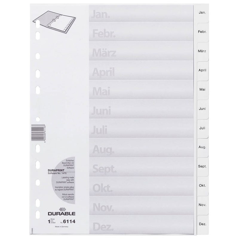 DURABLE Ordnerregister Vollformat Jan.-Dez. weiß 12-teilig, 1 Satz