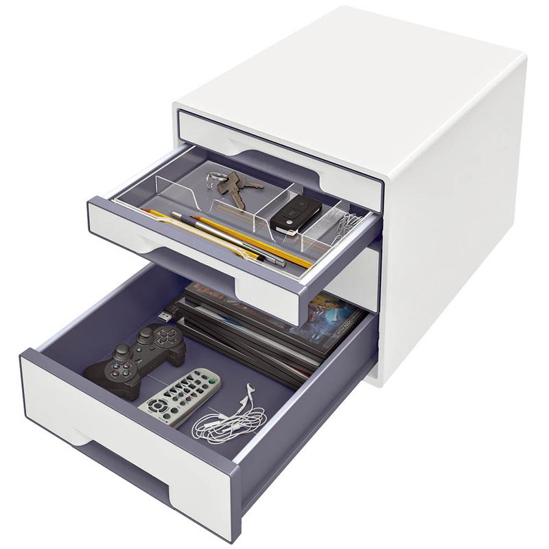 LEITZ Schubladenbox WOW CUBE  perlweiß/grau 5213-20-01, DIN A4 mit 4 Schubladen