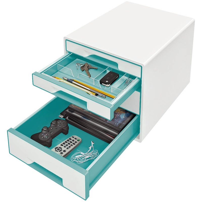 LEITZ Schubladenbox WOW CUBE  perlweiß/eisblau 5213-20-51, DIN A4 mit 4 Schubladen
