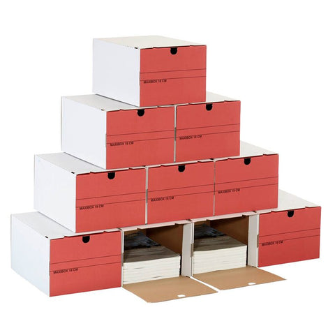 10 Top-Print Archivboxen weiß/rot 24,4 x 32,1 x 18,5 cm