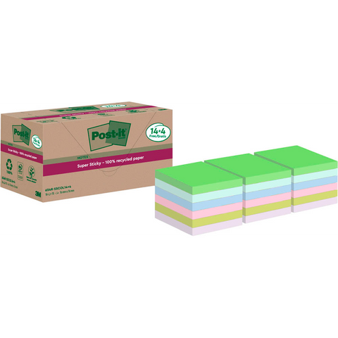 Post-it® Super Sticky Recycling Notes Haftnotizen extrastark farbsortiert, 18 Blöcke