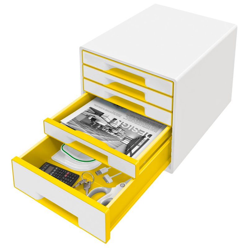 LEITZ Schubladenbox WOW Cube  perlweiß/gelb 52142016, DIN A4 mit 5 Schubladen